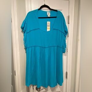 NWT Perfectly Palm Size M Turquoise Pom Pom Sleeve Pullover Sundress Coverup